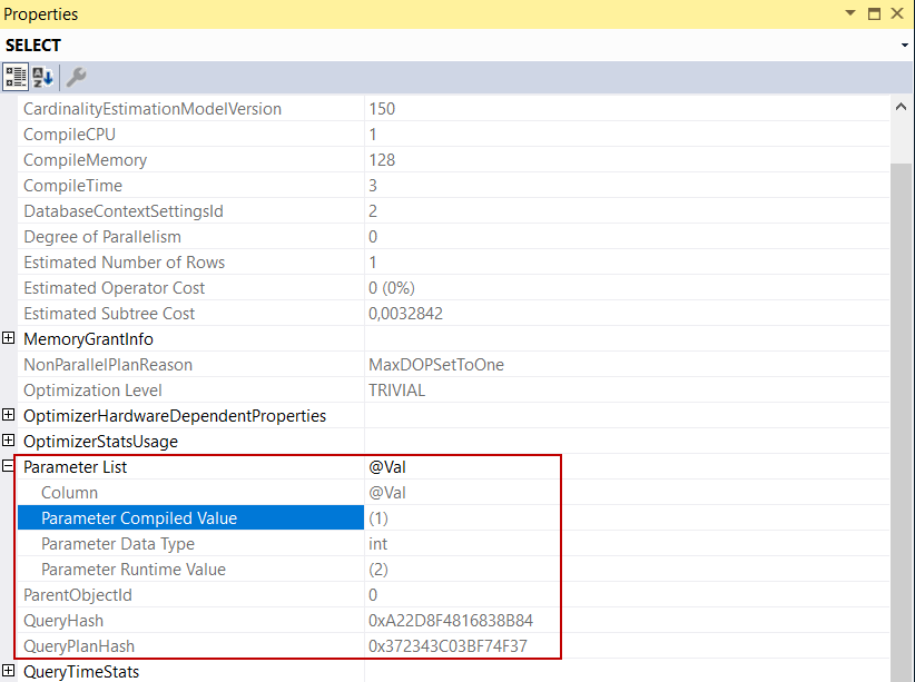 Analyzing the Parameter List attribute of the query plan