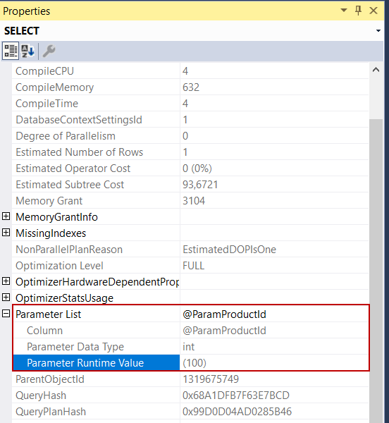 Parameter list attribute of the execution plan