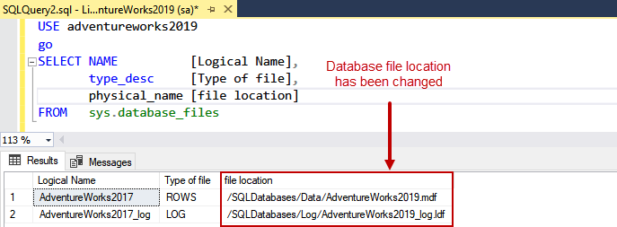 Physical Location of SQL database files have been changed
