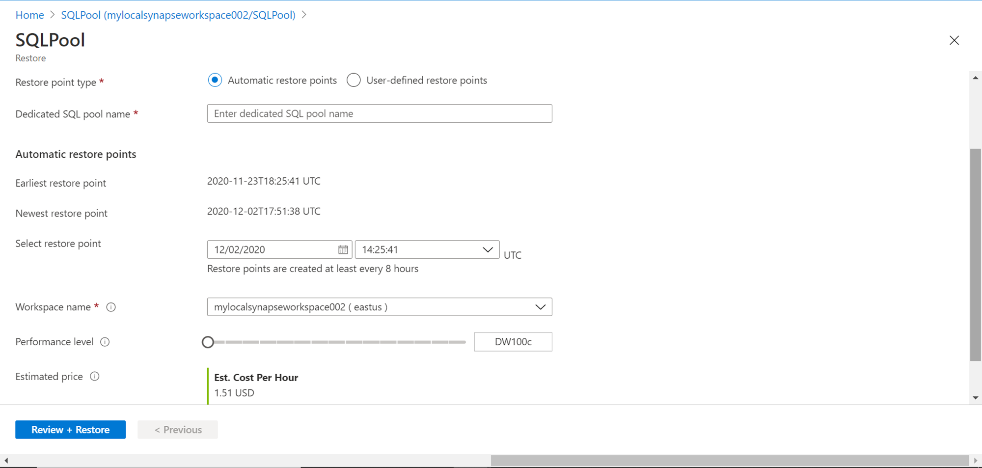 Restoring from automatic restore points in Azure Synapse Analytics.