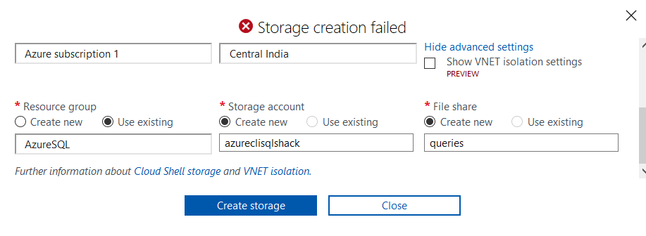 Storage creation error
