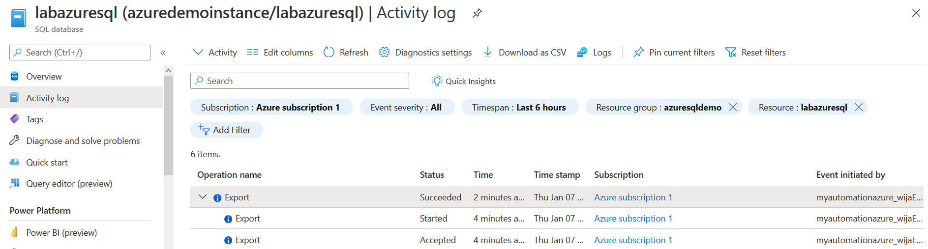 activity log for viewing BACPAC export 