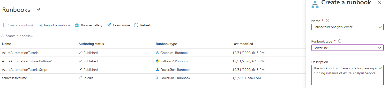 Automation Runbook to pause azure analysis 