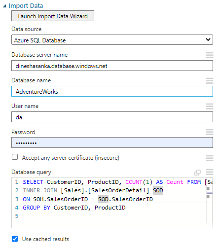 Azure SQL Database configuration to extract data to the Azure Machine Learning Experiment. 