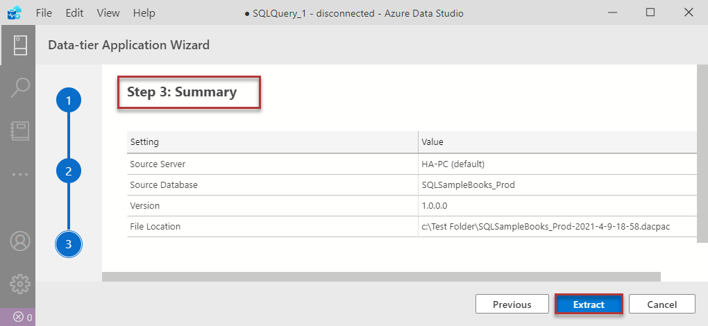 Clicking Extract button in Azure Data Studio 
