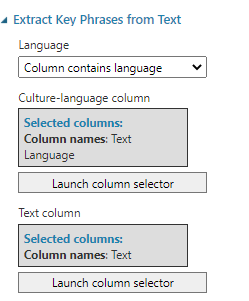 Configuration of Extract Key phrases from Text for Column contains language.