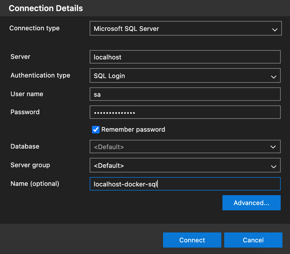 Connecting to the SQL Server instance from Azure Data Studio