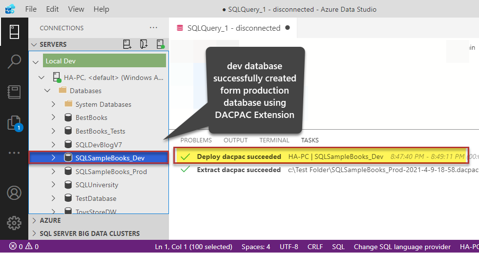 dev database successfully created in Azure Data Studio