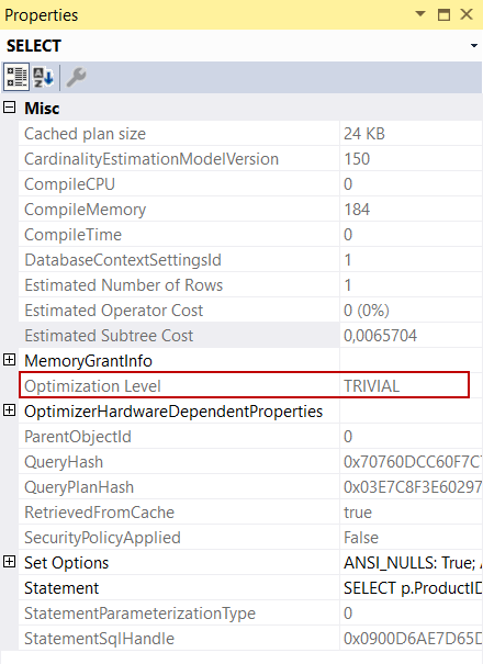 Optimization Level attribute in the execution plan