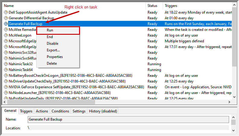 Run the task to generate the full backup of SQL Database