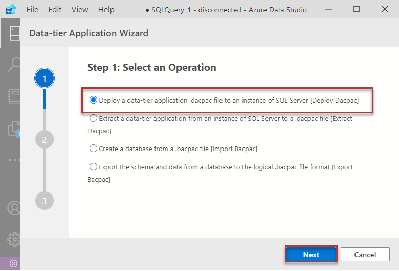 Selecting the option to deploy DACPAC file to a target database