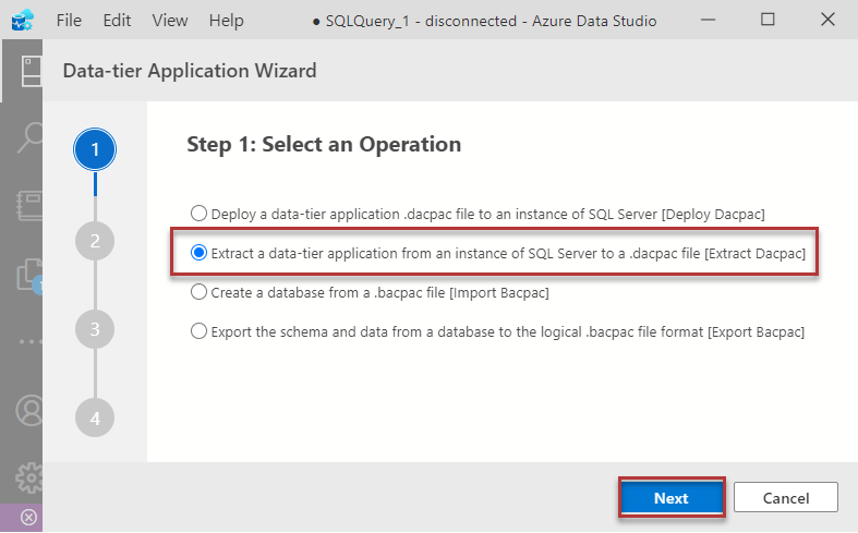 Selecting the option to extract a DACPAC file of the production database 