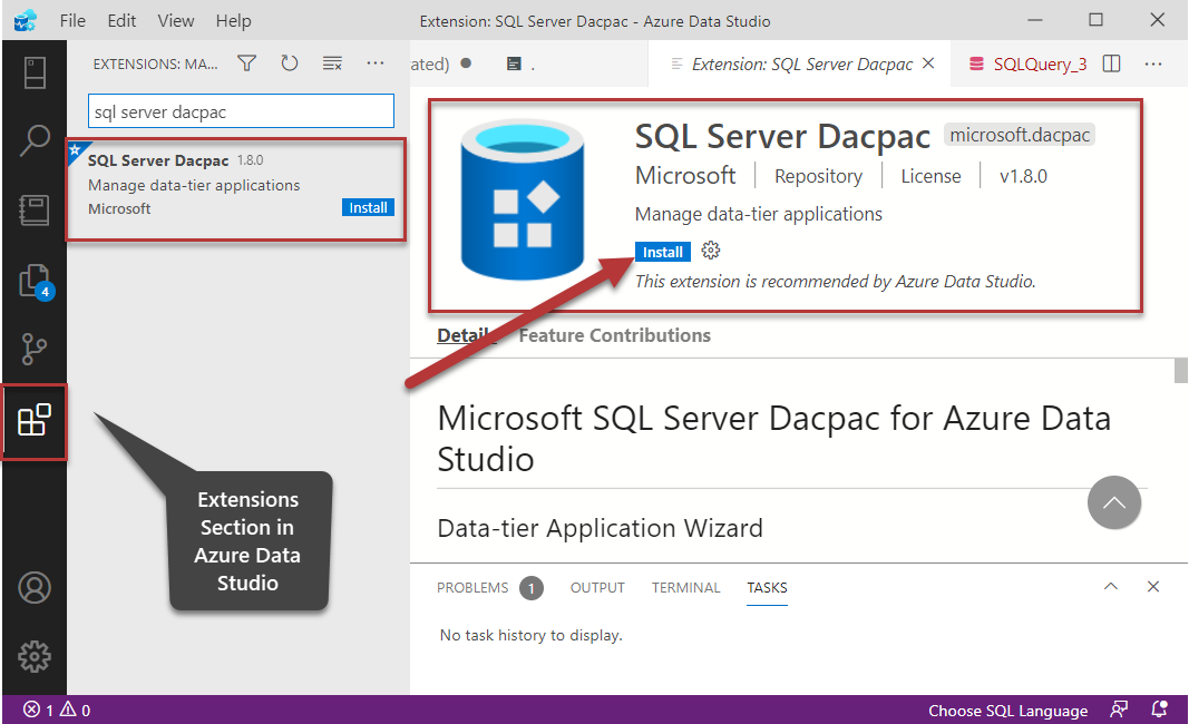 SQL Server Dacpac extension showing up in the search box in Extensions in Azure Data Studio