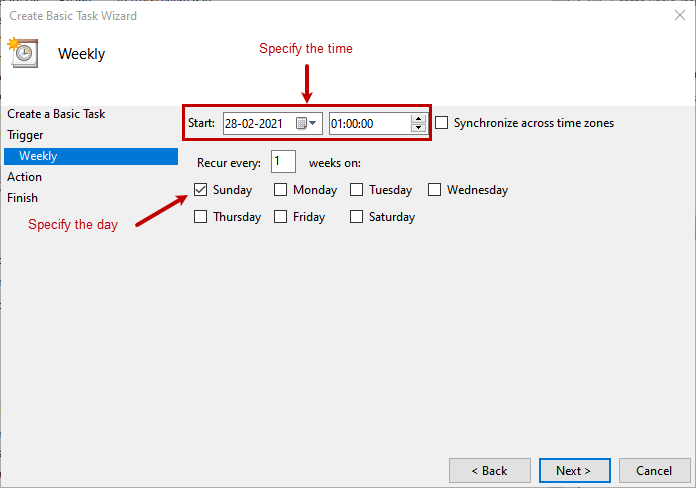 Weekly schedule configuration screen