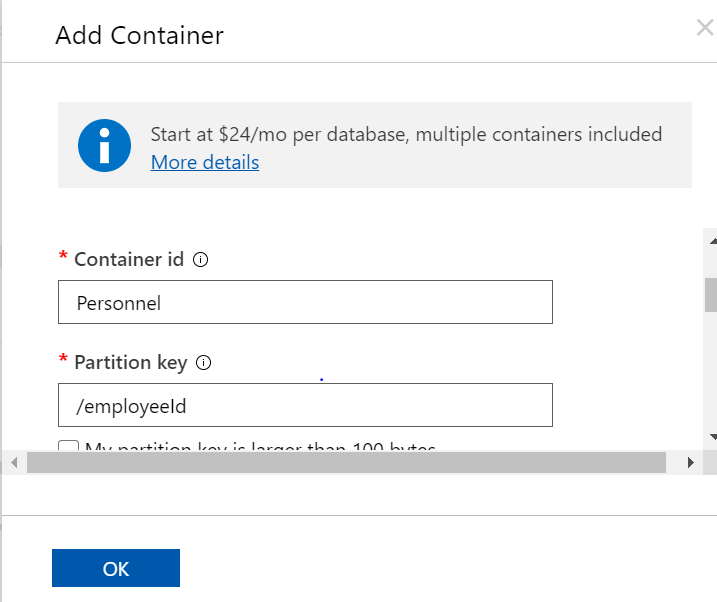 Adding a container in Cosmos DB
