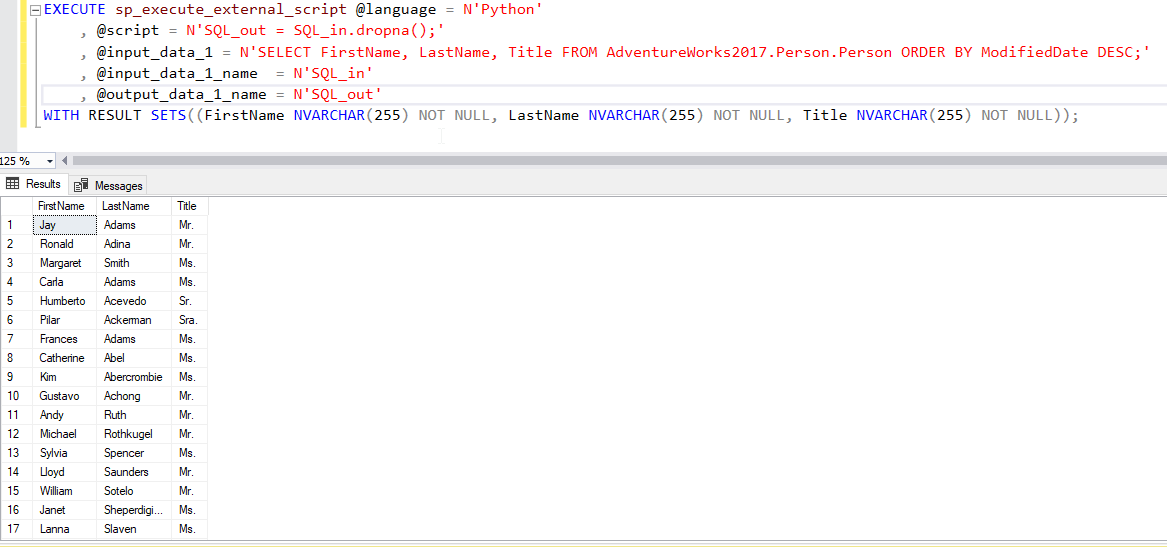 Executing python in SQL Server using sp_execute_external_script