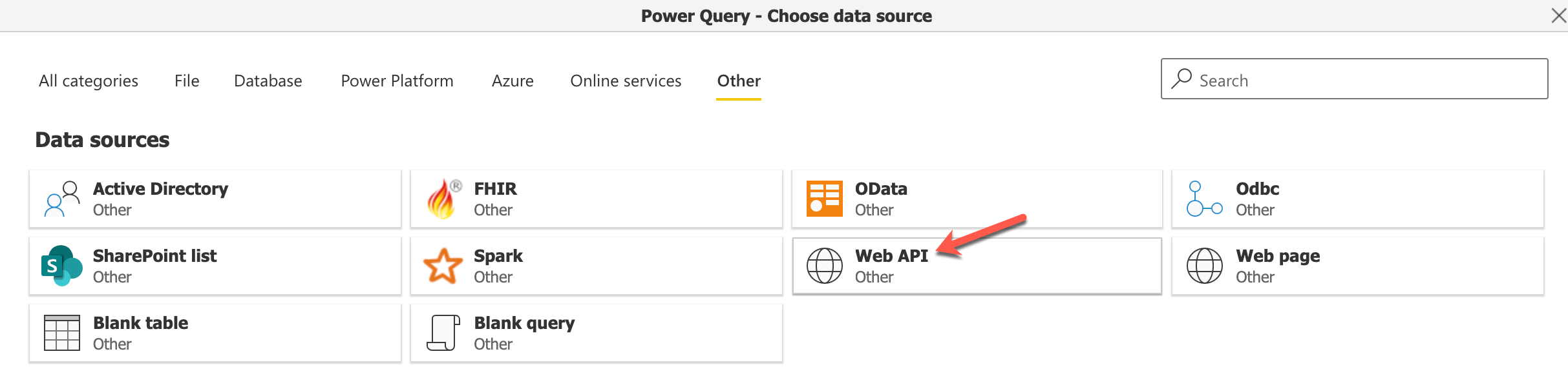 Selecting Web API as the data source