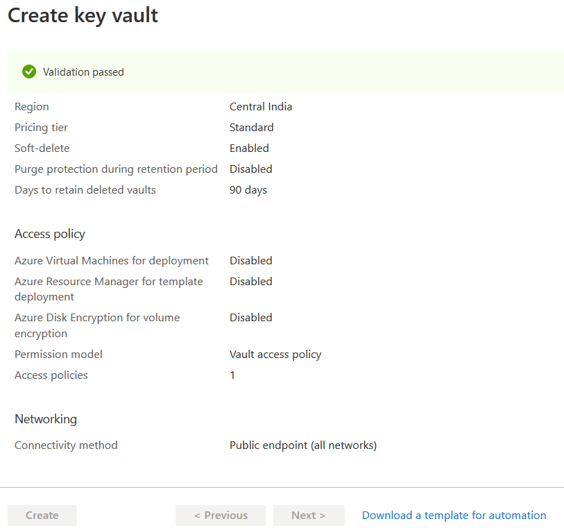 Create key vault validations