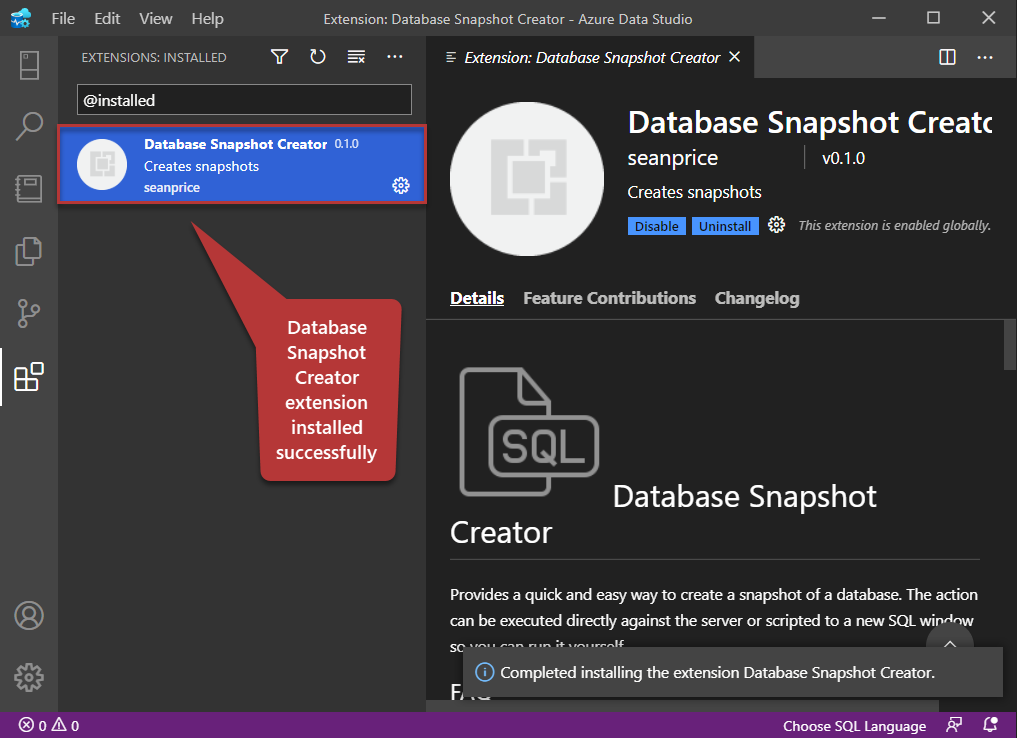 Database Snapshot Creator extension installed successfully