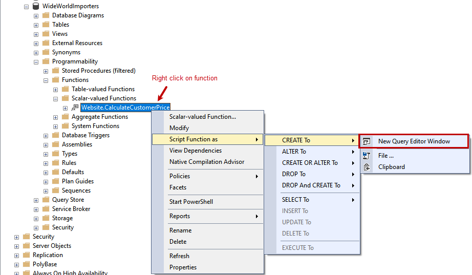 Get T-SQL definition of function using SSMS