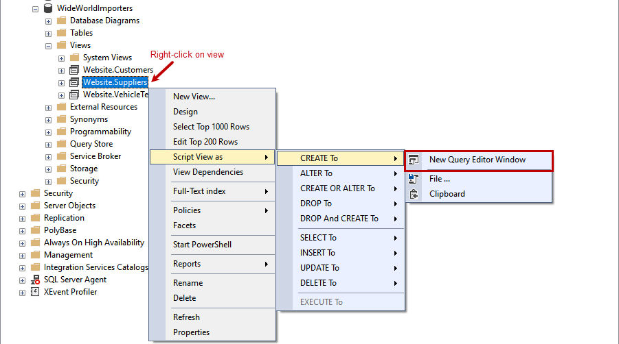 Get T-SQL definition of view using SSMS