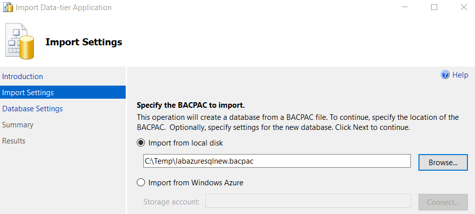 Import BACPAC from an on-premises server to an Azure SQL server
