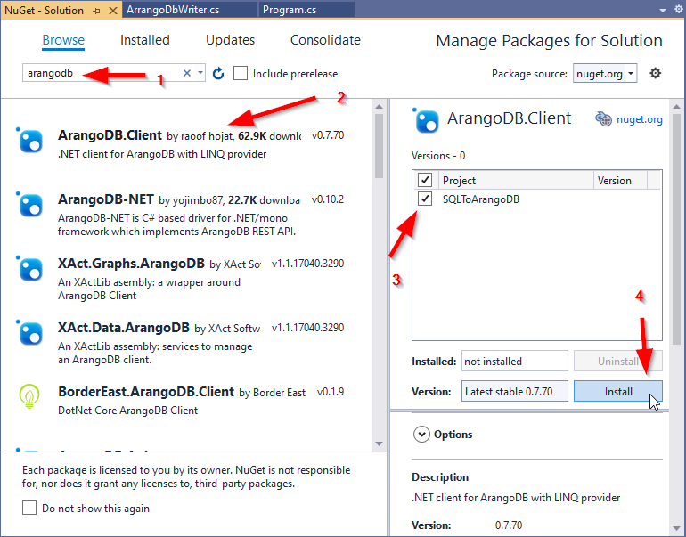 Installing the ArangoDB.Client NuGet package