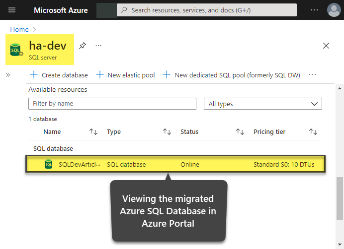 Viewing the migrated database in Azure Portal