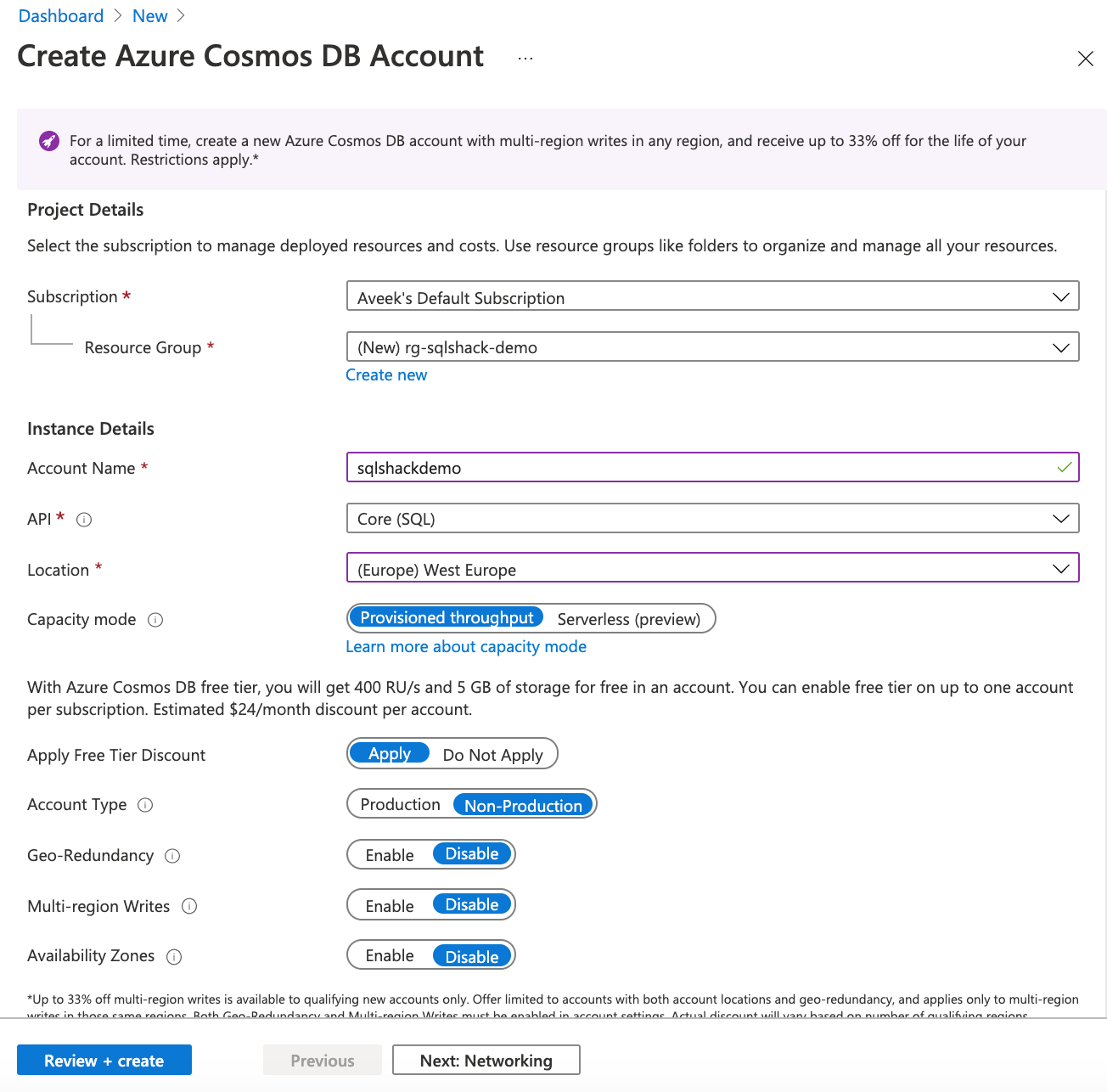 Configuration Details for Azure Cosmos DB (SQL API)