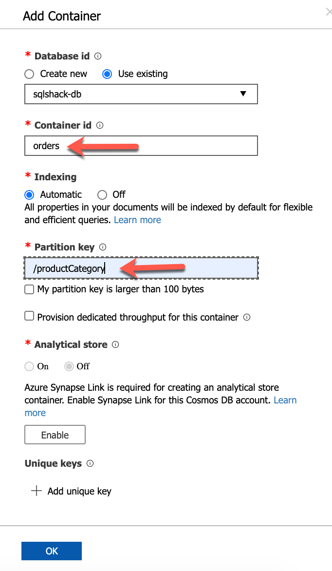 Creating a new Container in Azure Cosmos DB