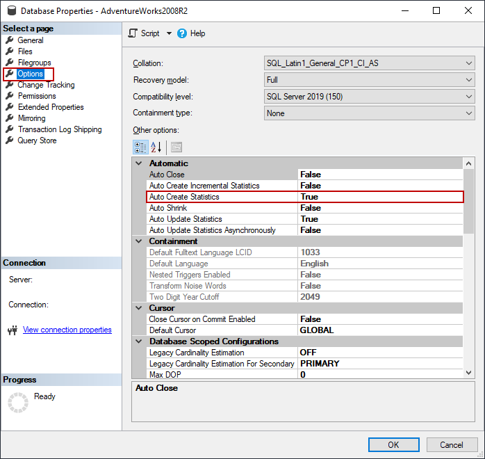 Auto Create Statistics option