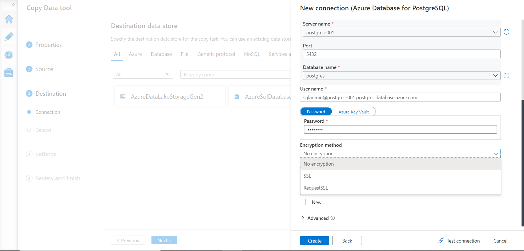 Azure Database for PostgreSQL connection credentials