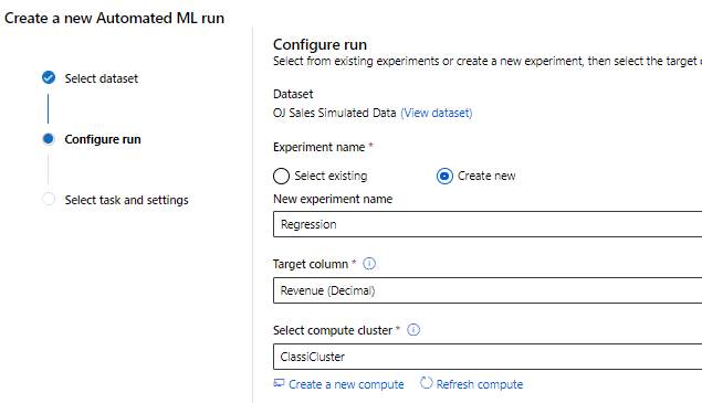 Create  Regression task in AutoML in Azure Machine Learning.