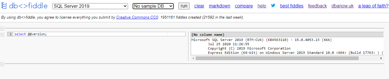 Db<>Fiddle SQL online compiler main page