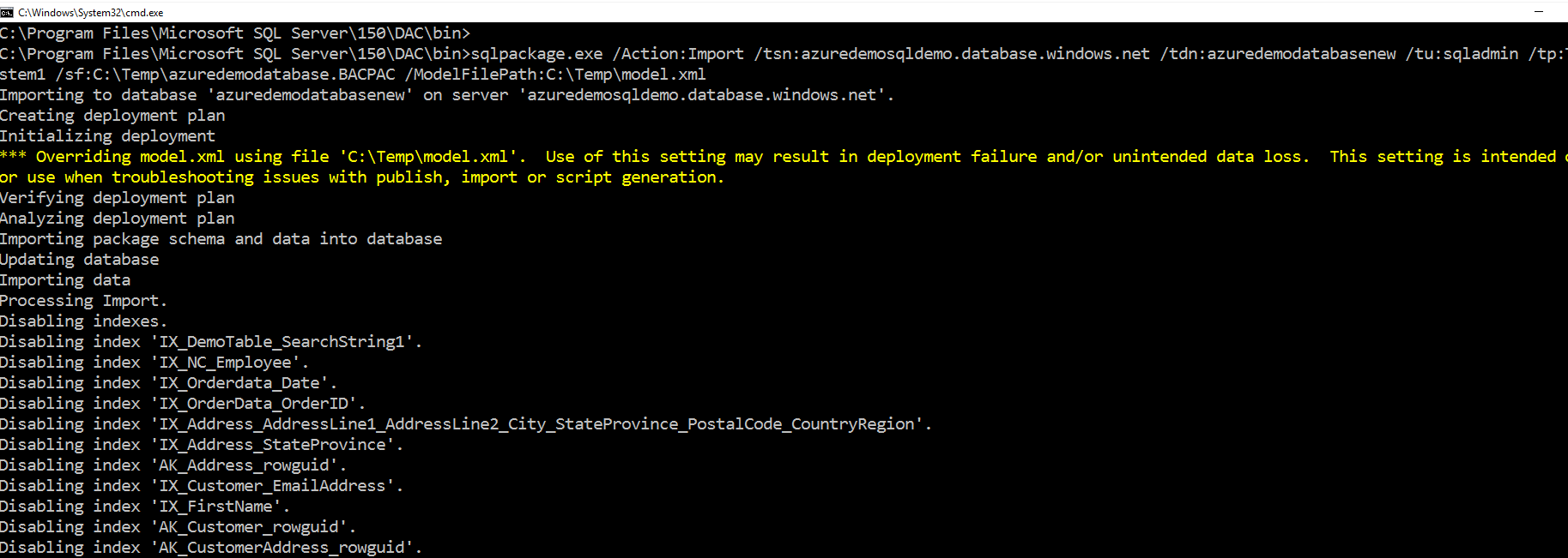 deploy database using sqlpackage.exe