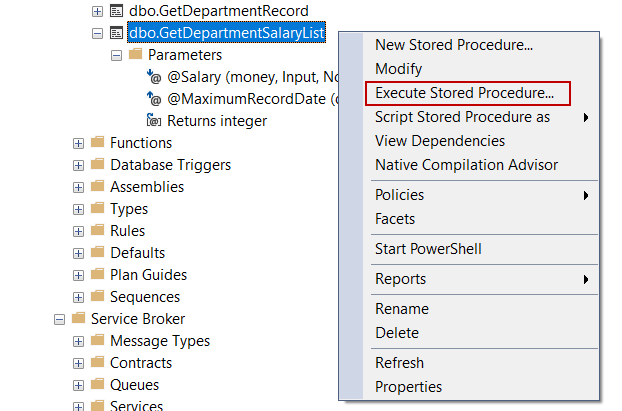 Execute a stored procedure to using Management Studio
