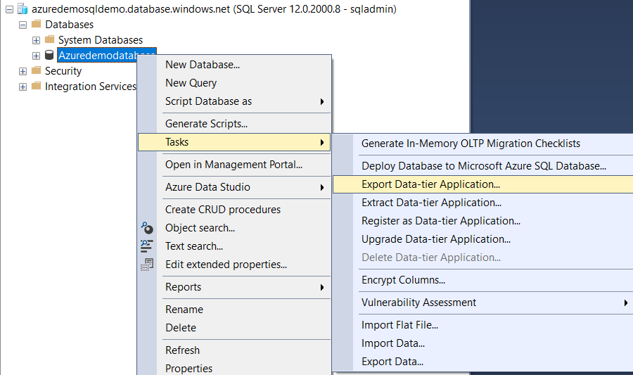 Exportez la base de données SQL Azure au format BACPAC