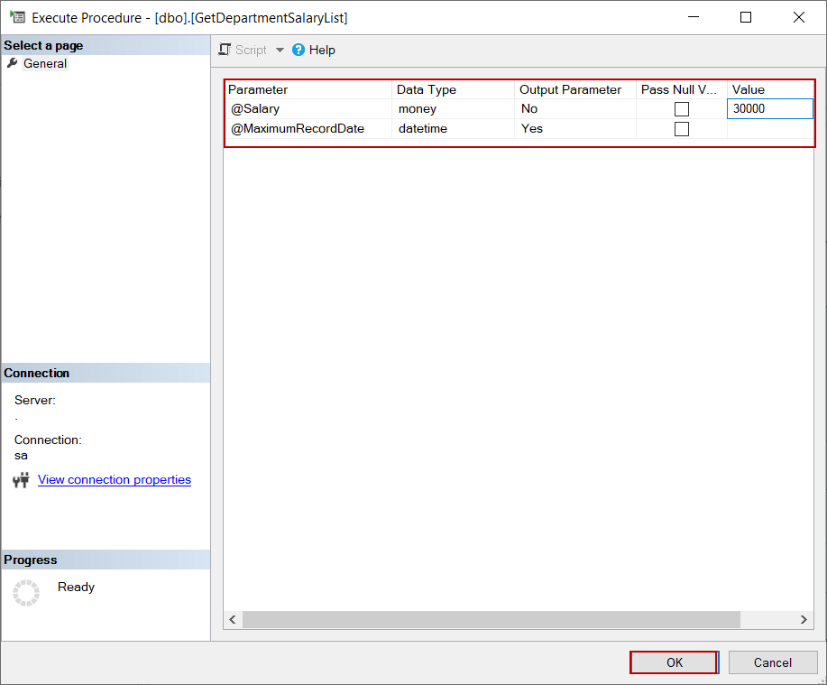Fill in the parameter list to execute a stored procedure in SSMS.