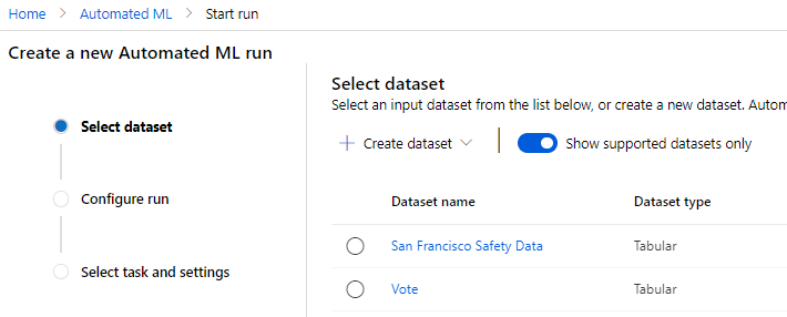 Selecting dataset to perform AutoML.