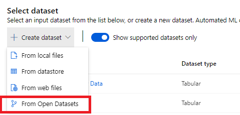 Selecting from Open datasets from Azure Machine Learning.