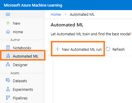 Selecting the option of AutoML in Azure Machine Learning 