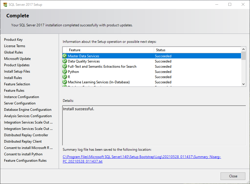 SQL Server developer edition installed successfully