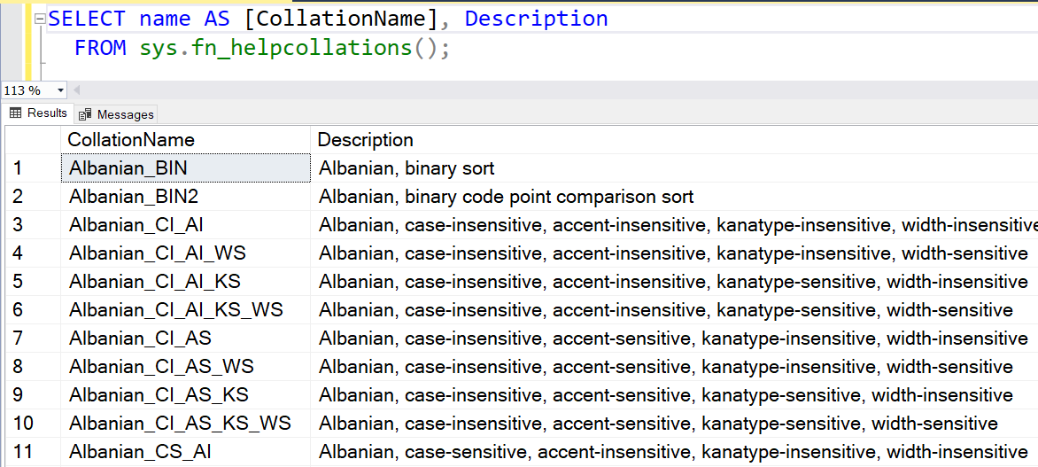 Supported Collation list