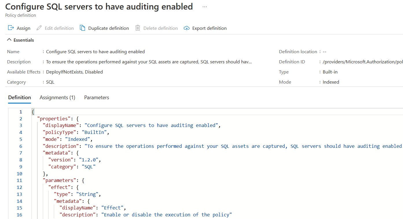 JSON Policy definition - Azure SQL Database