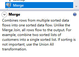 Merge Transformation description in the SSIS toolbox