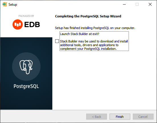 PostgreSQL on Windows Installation completed.