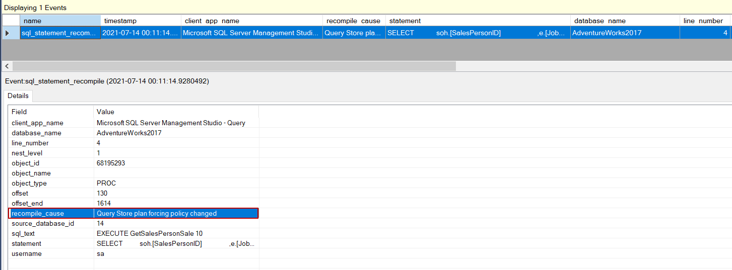 Schema changed event for query recompilations Query Store plan forcing policy changed