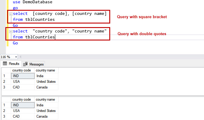 SELECT Query with space in columns name without errors