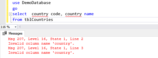 SELECT Query with space in columns name