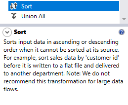 Sort Component description in the SSIS toolbox